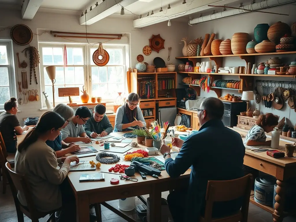 A group of participants learning traditional Alpine wood carving techniques in a workshop setting, showcasing the hands-on experience offered by CAAT's cultural programs.
