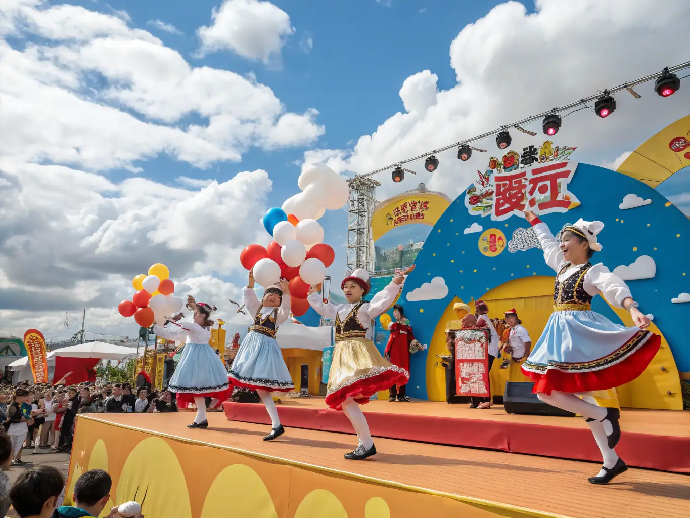 Children participating in a traditional Alpine folk dance, dressed in colorful costumes and accompanied by live music.